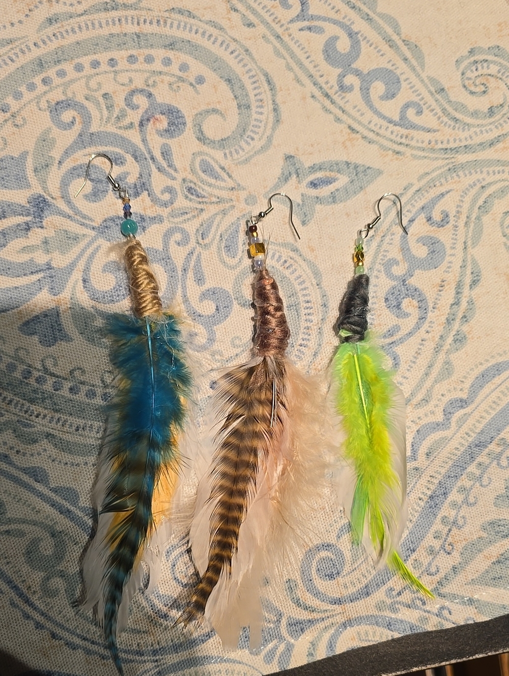 Handmade Feather Drop Earrings - Blue, Lime & Natural